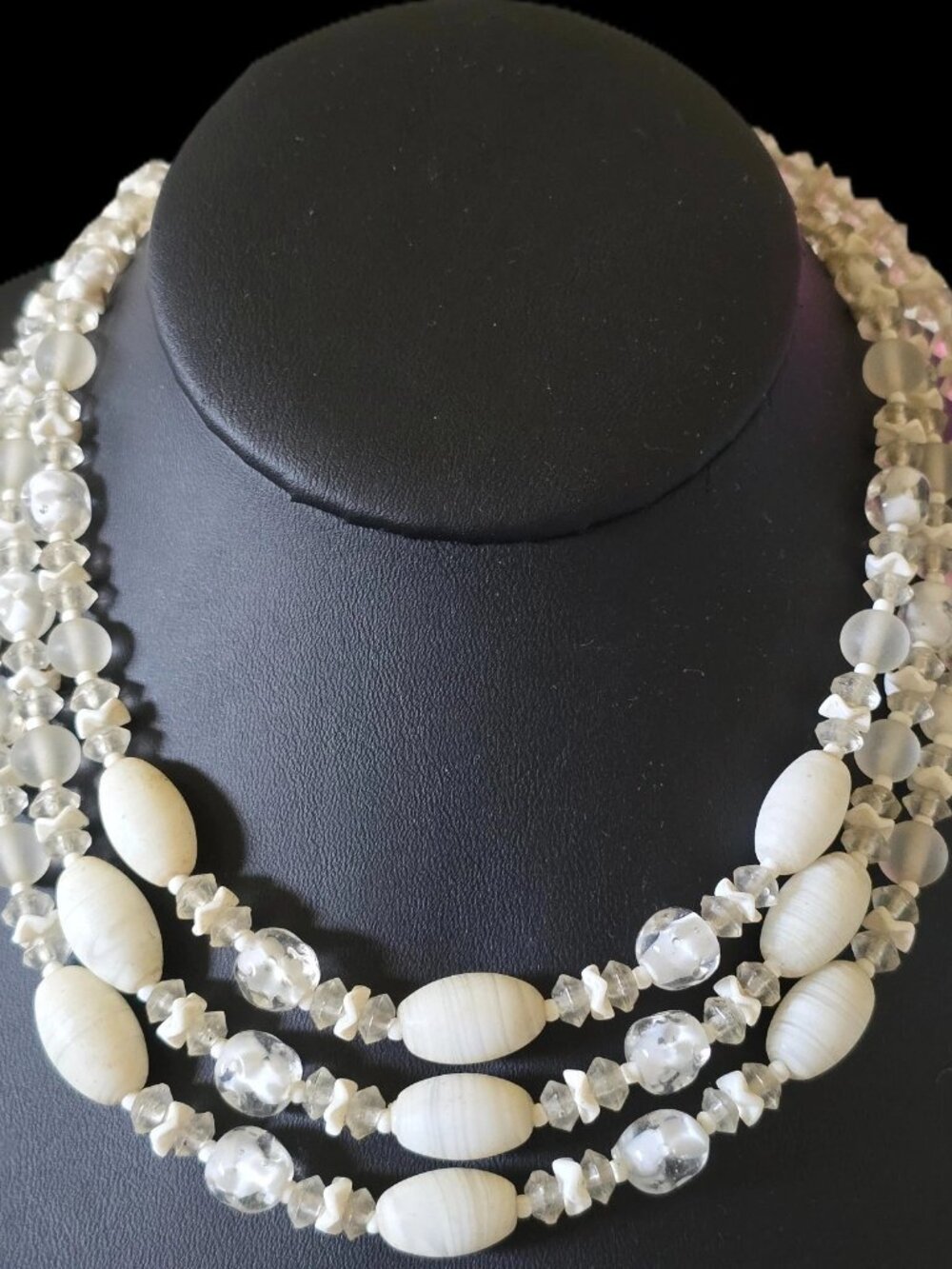 Vintage WEST GERMANY glass Lucite three strand Bead Necklace Frost Coated white